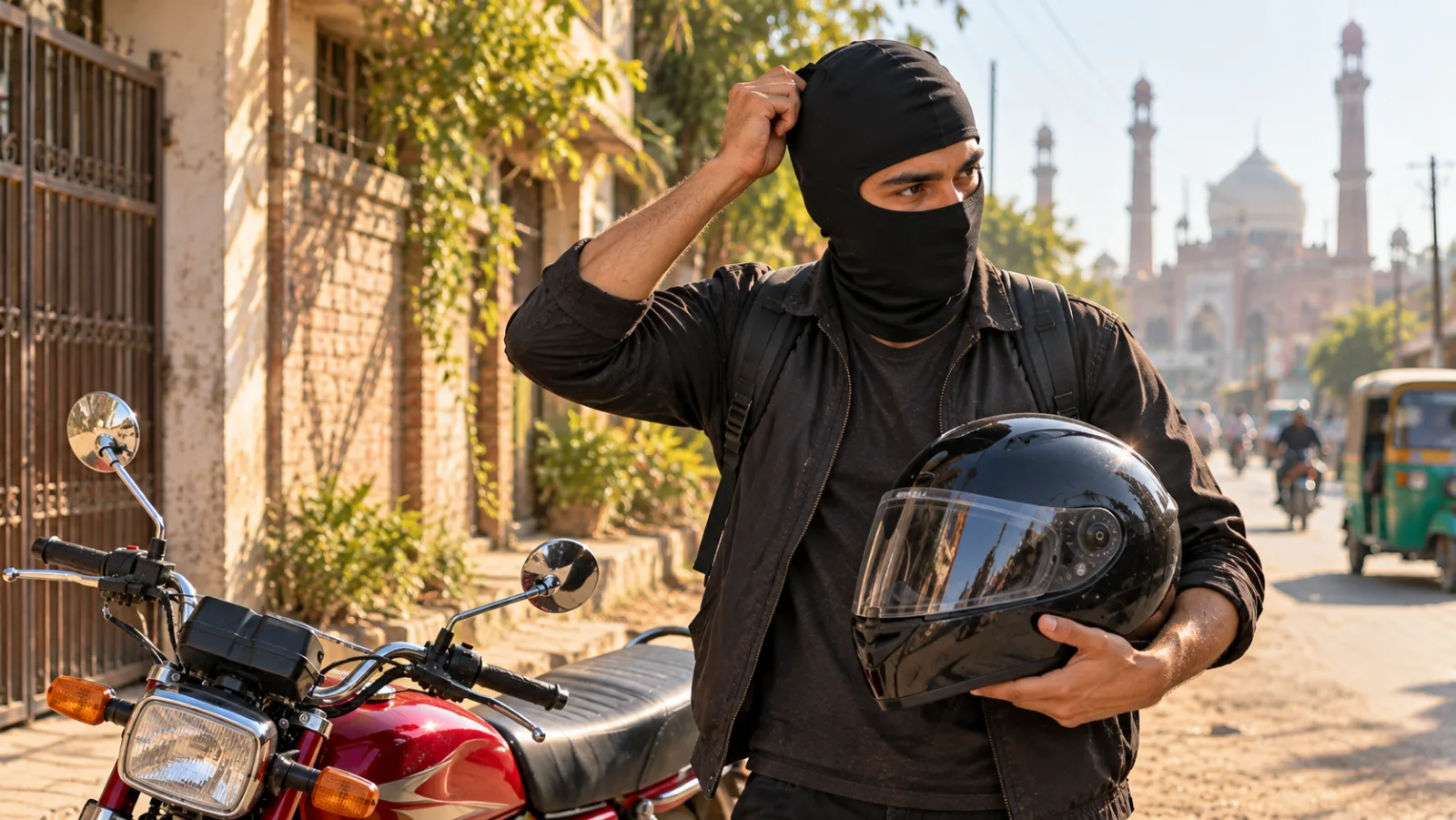 Rider pulling on a black balaclava before putting on a full face helmet beside a Honda CG 125 on a dusty Lahore road, illustrating balaclava price in Pakistan
