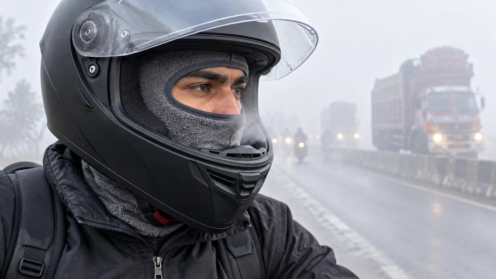 Rider in a grey fleece balaclava for winter with a full face helmet, breath visible, on a foggy GT Road morning near Gujranwala