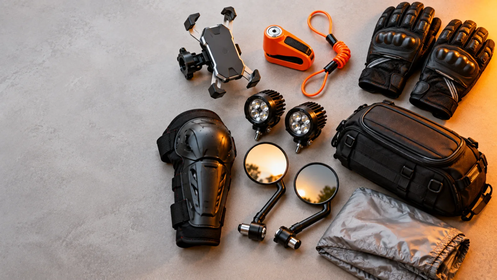 Flat-lay of motorcycle accessories including a phone mount, disc lock, riding gloves, LED lights, mirrors, a tail bag and a folded bike cover