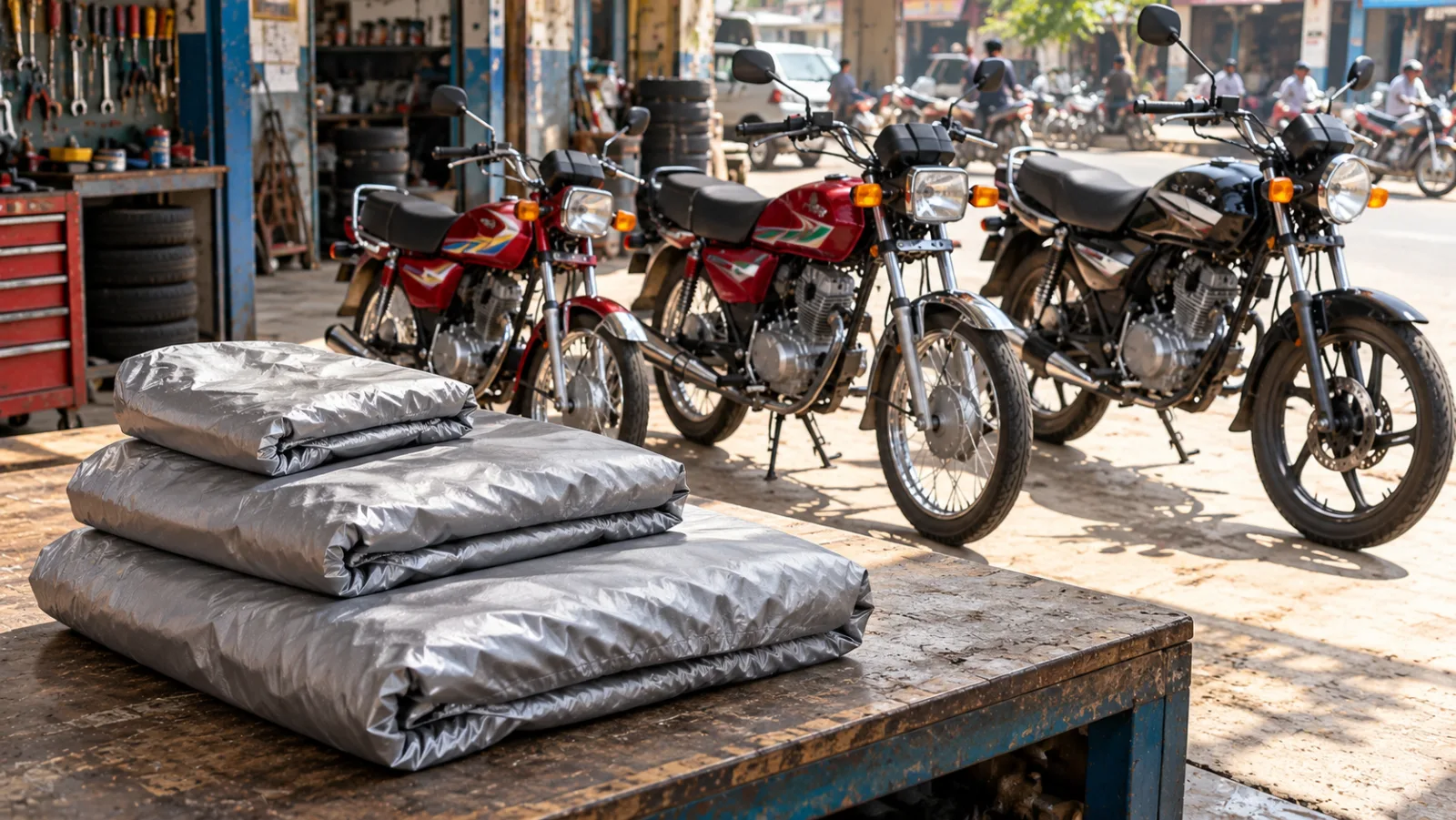 Three bike top covers folded on a workshop bench beside a Honda CD 70, a Honda CG 125 and a Honda CG 150, showing 70cc, 125 and 150cc bike cover sizes for the bike cover price in Pakistan