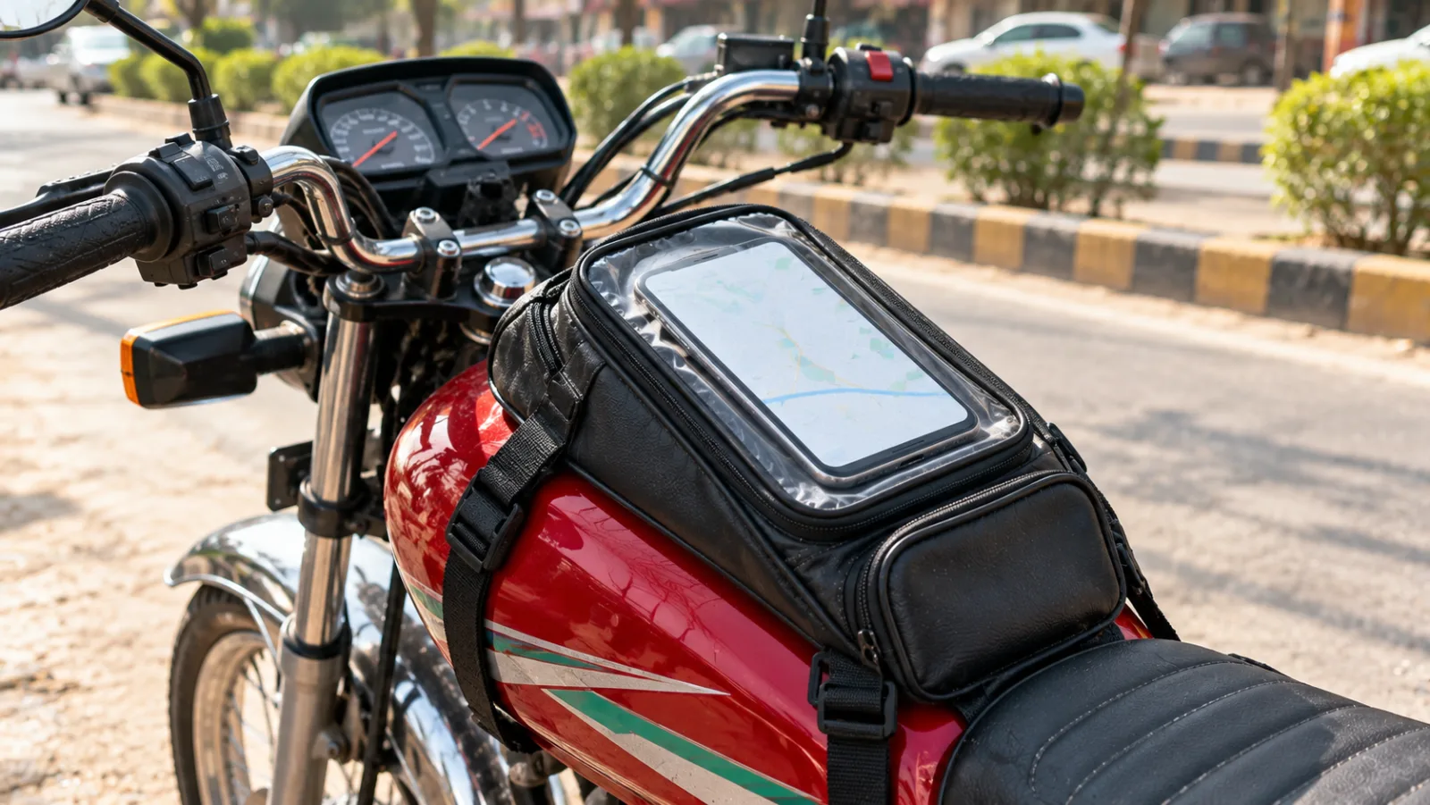A black leather-look bike tank cover with a clear phone window strapped to the fuel tank of a red Honda CG 125, a bike tank cover with mobile holder