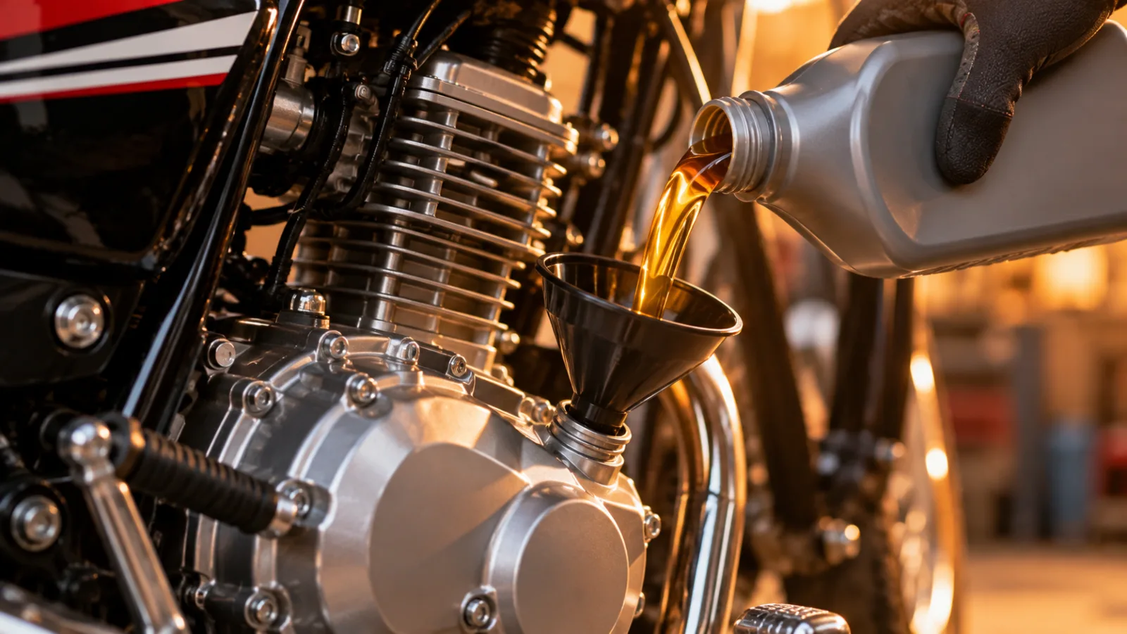 Golden 4-stroke bike engine oil being poured into a motorcycle engine filler hole, illustrating the bike engine oil price in Pakistan 2026 and which grade to use