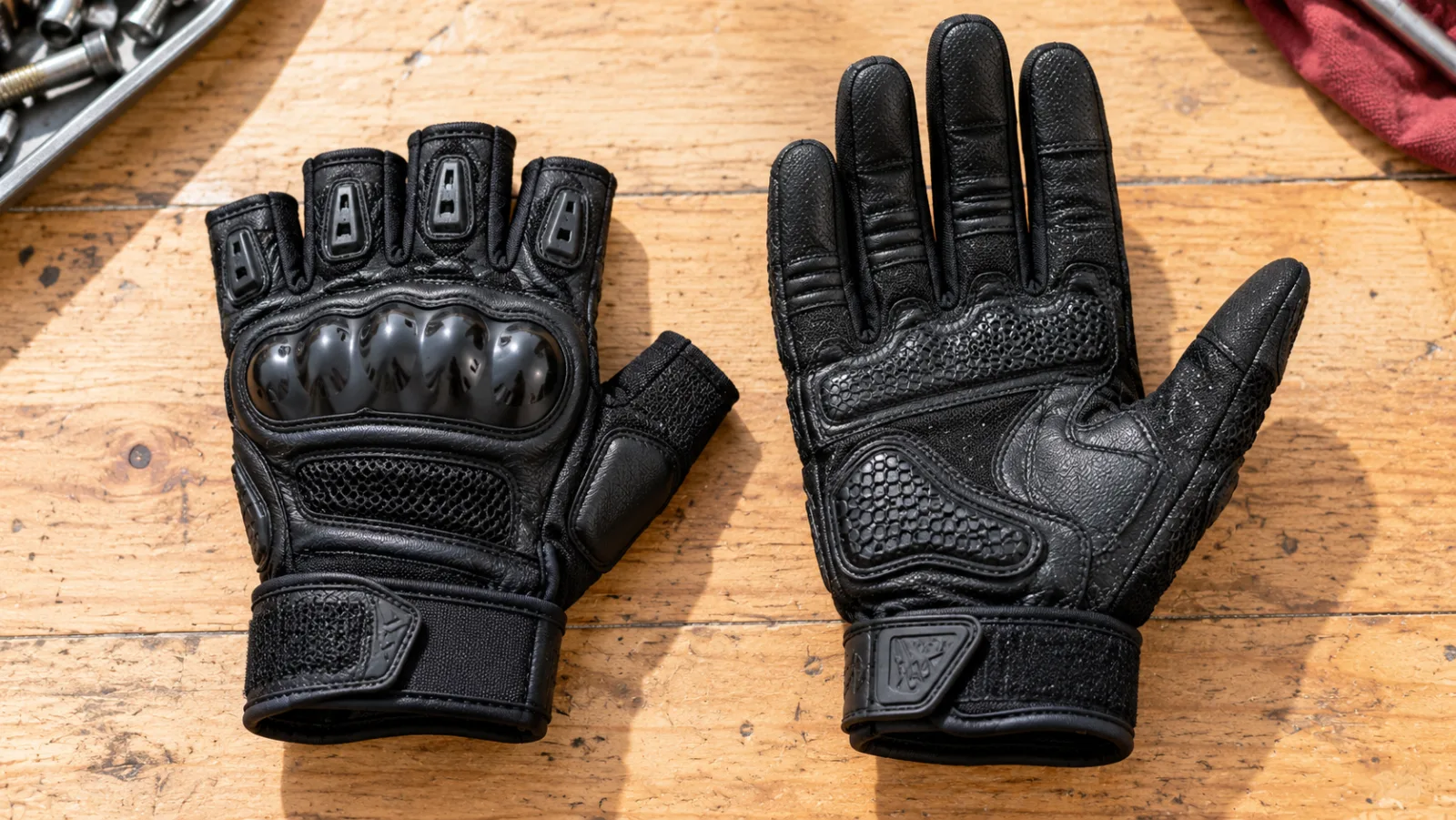 A black half finger glove next to a black full-finger riding glove with hard knuckles on a workshop bench, comparing half finger gloves and full-finger bike gloves