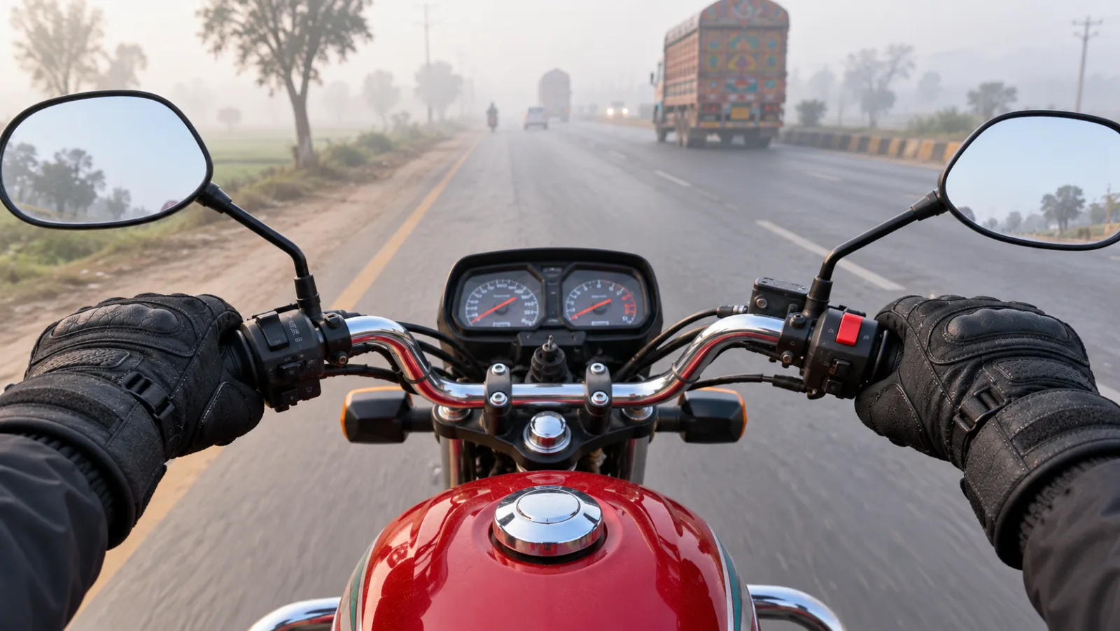 Rider in thick black winter bike riding gloves holding the handlebar of a Honda CG 125 on a foggy GT Road morning, winter bike gloves price in Pakistan