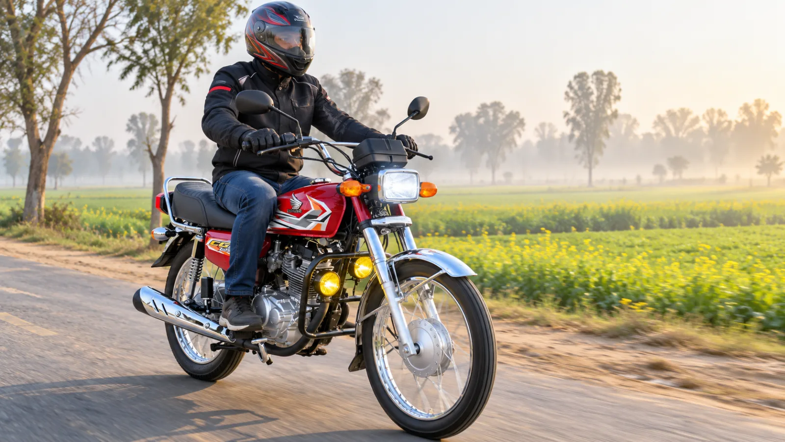 Motorcycle with two yellow LED fog lights glowing low on the road on a misty morning, trees and road edge clearly visible