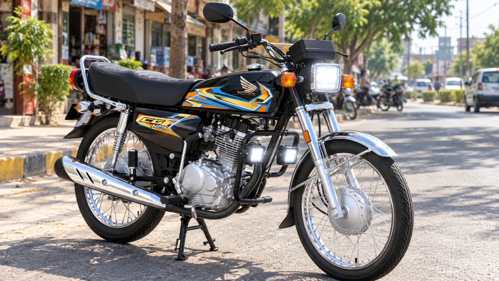 Bike LED light setup on a 125cc commuter motorcycle: a bright LED headlight and two small LED auxiliary spot lights on the crash guard, parked on a sunny Pakistani street