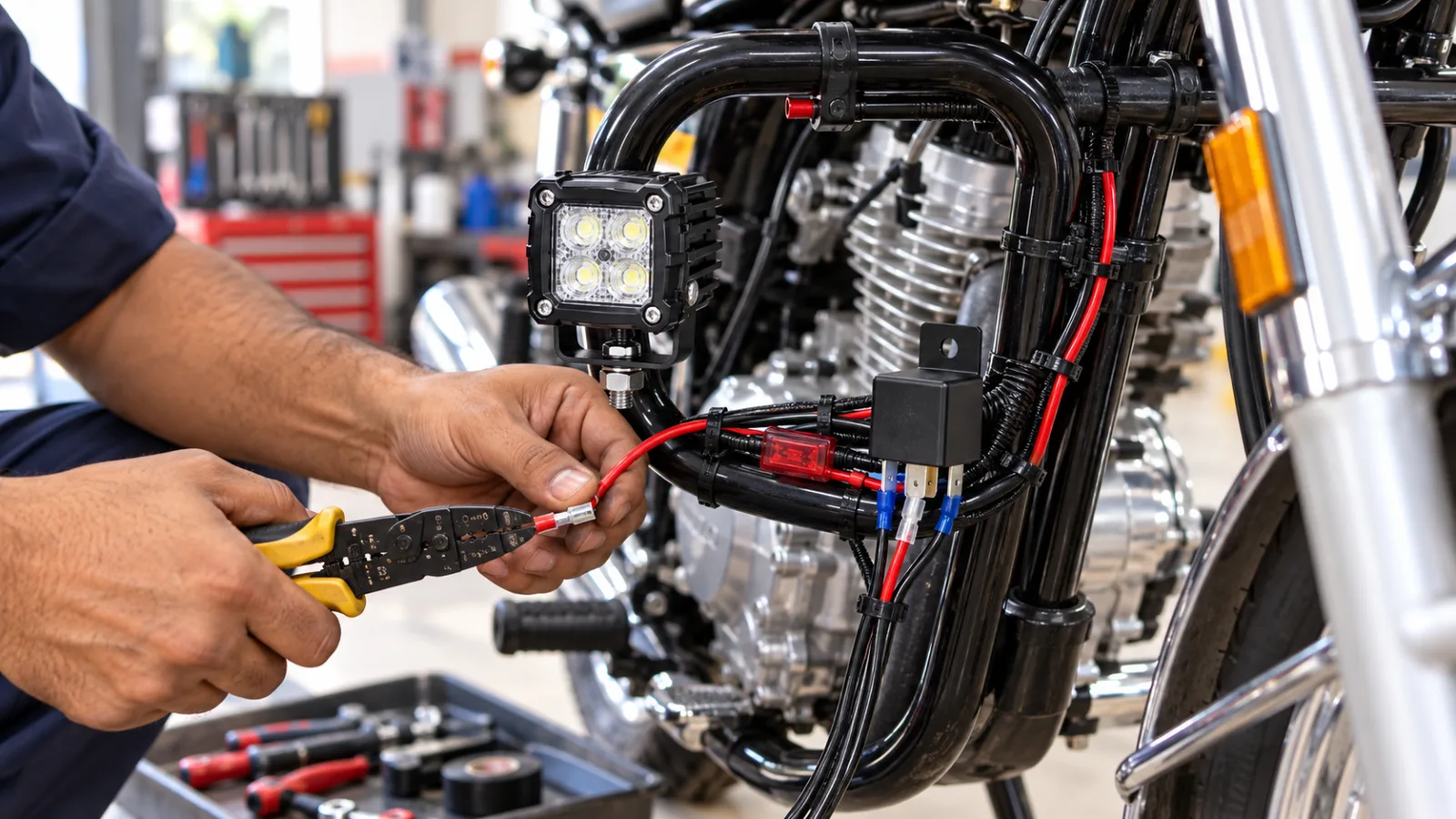 Mechanic in a bright workshop wiring an LED auxiliary light to a motorcycle with a relay and inline fuse, wires neatly routed along the frame