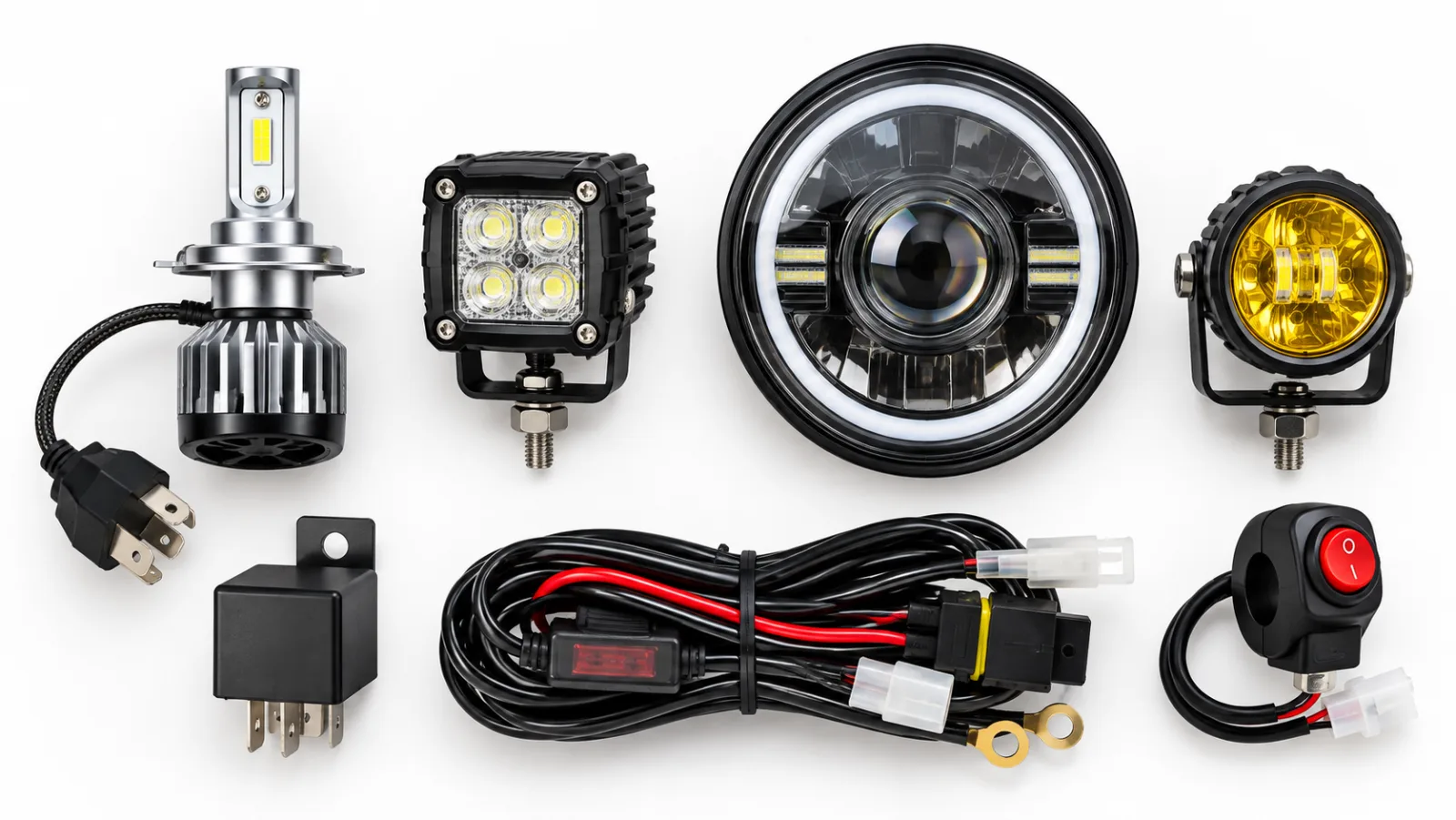 Flat-lay of bike LED lights on a white background: an H4 LED headlight bulb, an M-series LED bulb with a finned base, a small projector headlight unit and a round LED fog light