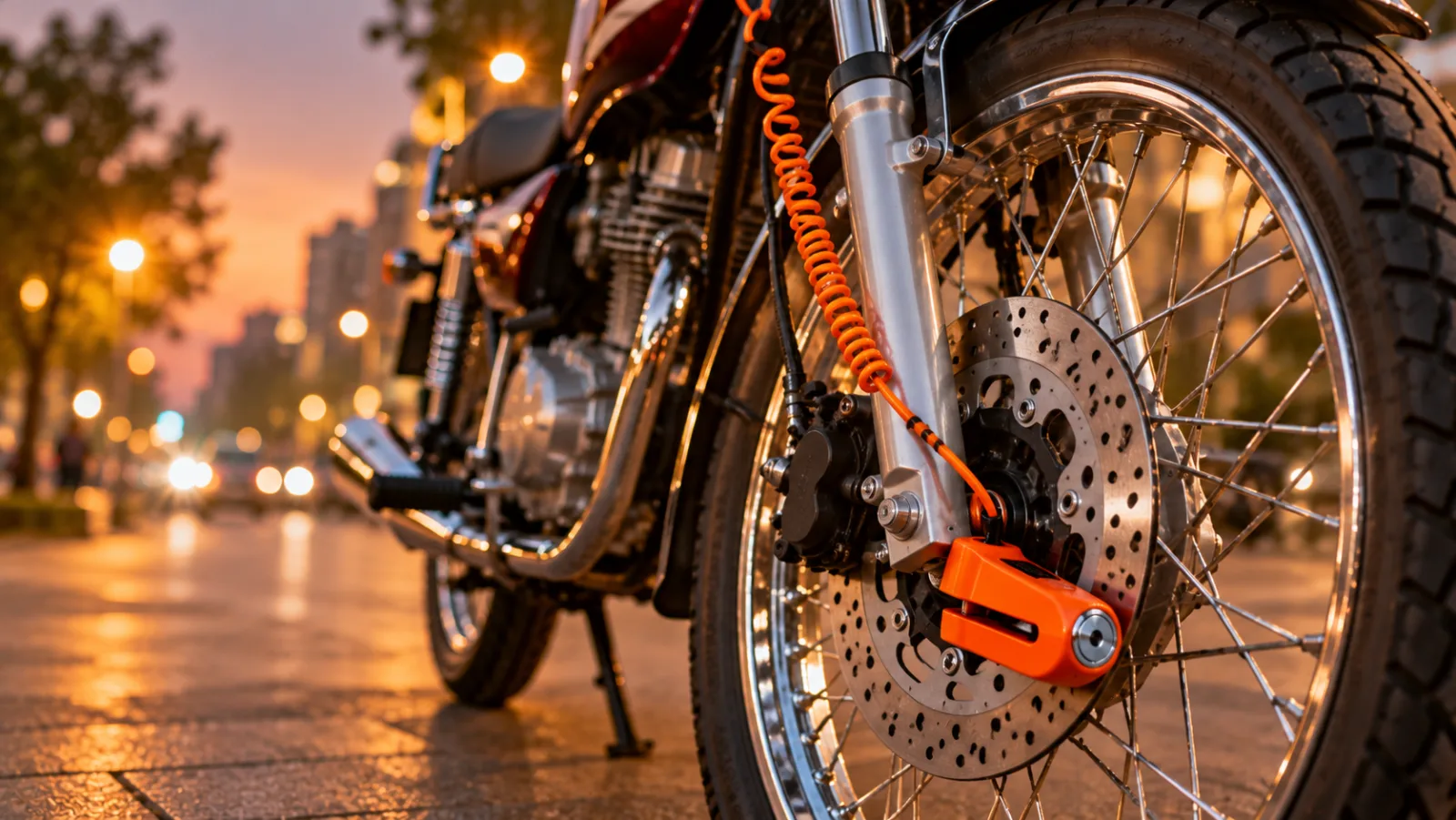 Bright orange bike lock, a disc lock with a coiled reminder cable, fitted to a motorcycle front brake disc on a city street at dusk