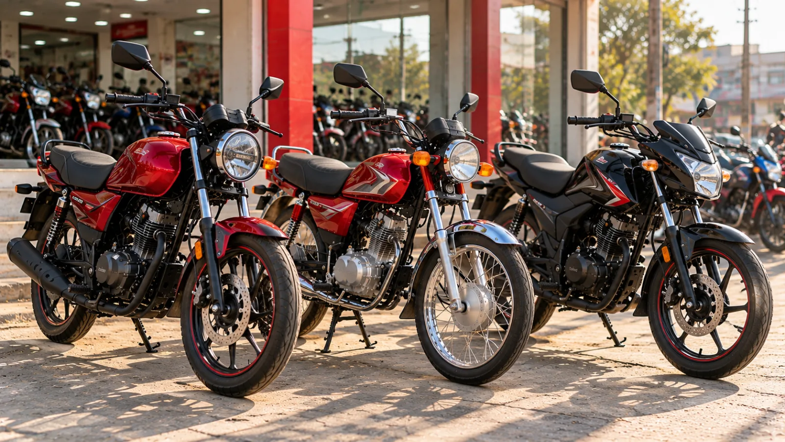Red Honda CG 150, red Suzuki GS 150 and black Honda CB 150F parked outside a dealership, comparing 150cc bikes in Pakistan and their prices