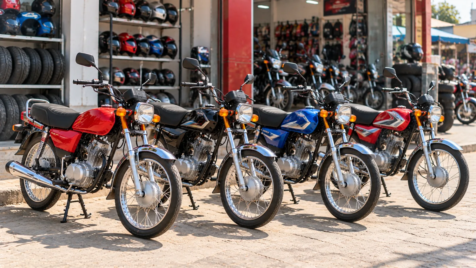 Red Honda CD 70 and three Chinese-pattern 70cc commuter motorcycles parked in a row outside a Pakistani bike dealer, showing 70cc bike price in Pakistan options