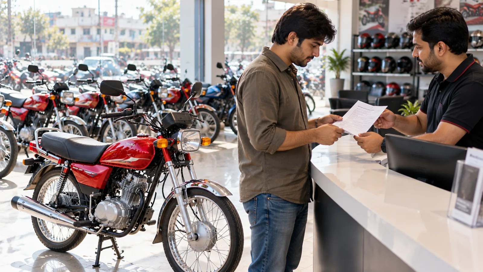 Pakistani buyer reading a price sheet at a motorcycle dealership counter with a new commuter bike behind him, checking the on-road bike price in Pakistan before paying