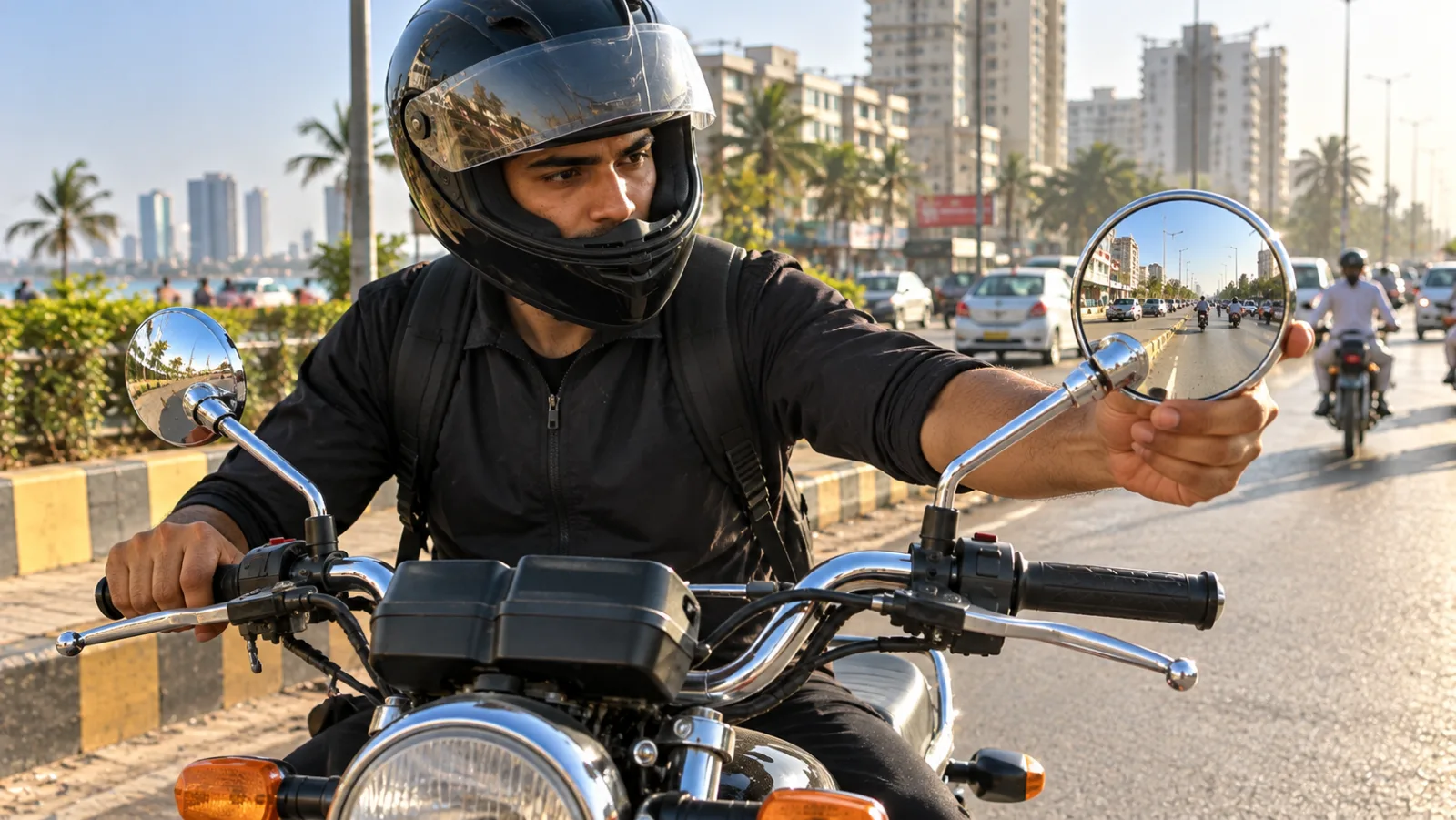 Rider in a helmet sitting on a Honda CG 125 at the roadside, reaching out to angle the right-hand bike side mirror outward, with the lane beside the bike visible in the glass
