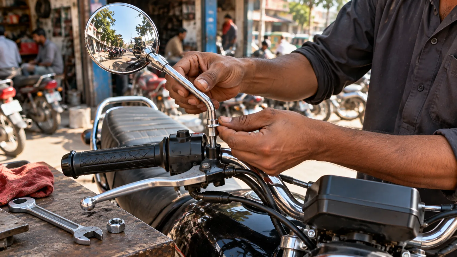 Close-up of a mechanic's hands threading a chrome bike side mirror stem into the mirror boss on a Honda CG 125 brake lever perch, lock nut and spanner beside it