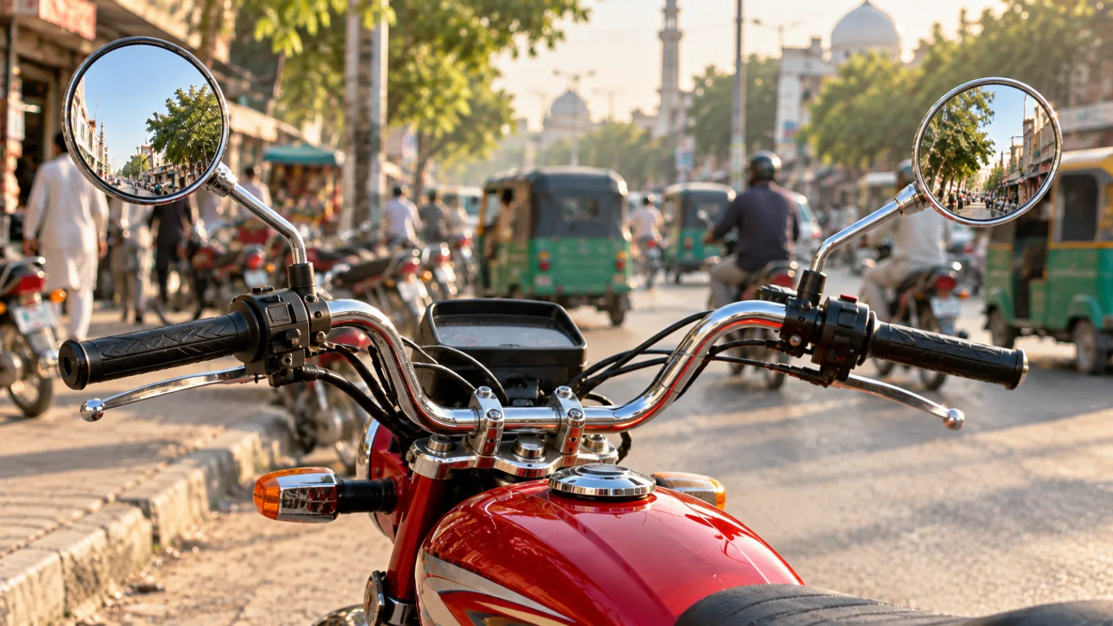 Chrome bike side mirror set fitted to a Honda CD 70 handlebar on a busy Pakistani street, illustrating bike side mirror price in Pakistan