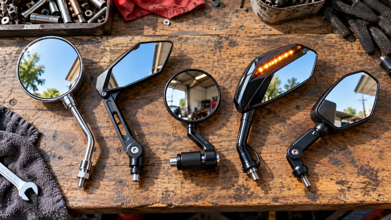 Flat-lay of five types of bike side mirror on a workshop bench: a round chrome stock mirror, a CNC wing mirror, a bar-end mirror, a mirror with a built-in LED indicator and a folding 360-degree mirror