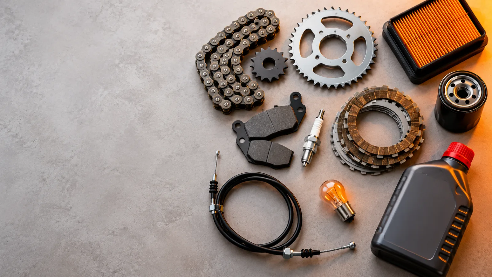 Flat-lay of motorcycle spare parts for CD 70, CG 125, YBR and GS 150, illustrating bike spare parts price in Pakistan: chain sprocket kit, brake pads, spark plug, clutch plates, air and oil filters and a clutch cable
