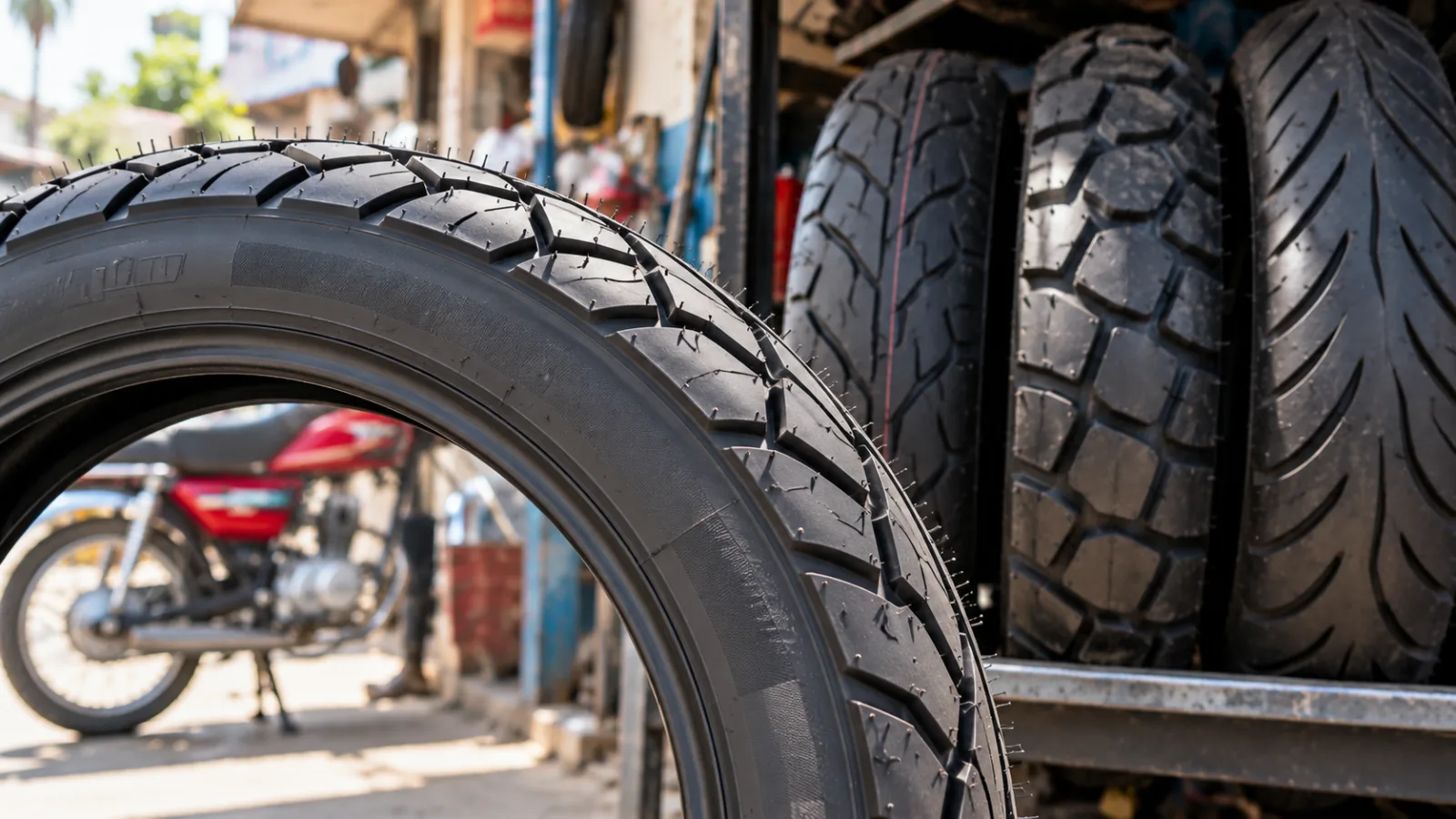 Close-up of a motorcycle tyre sidewall showing the size and ply rating moulded into the rubber, illustrating bike tyre price by size