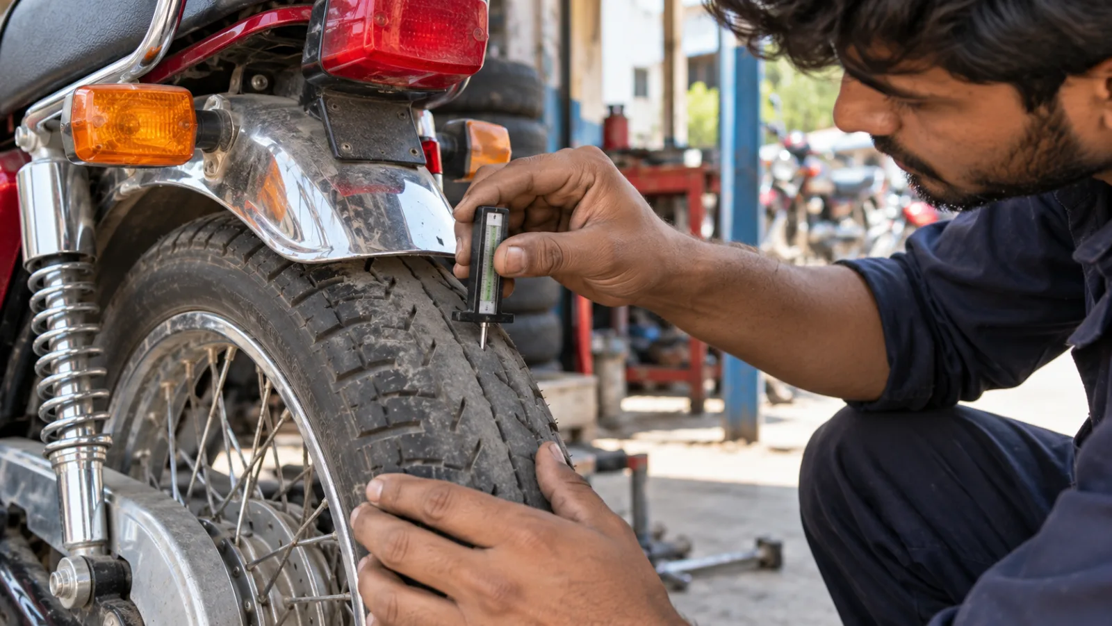 Mechanic measuring the tread depth of a worn rear motorcycle tyre with a gauge in a bright workshop, illustrating when to replace a bike tyre in Pakistan