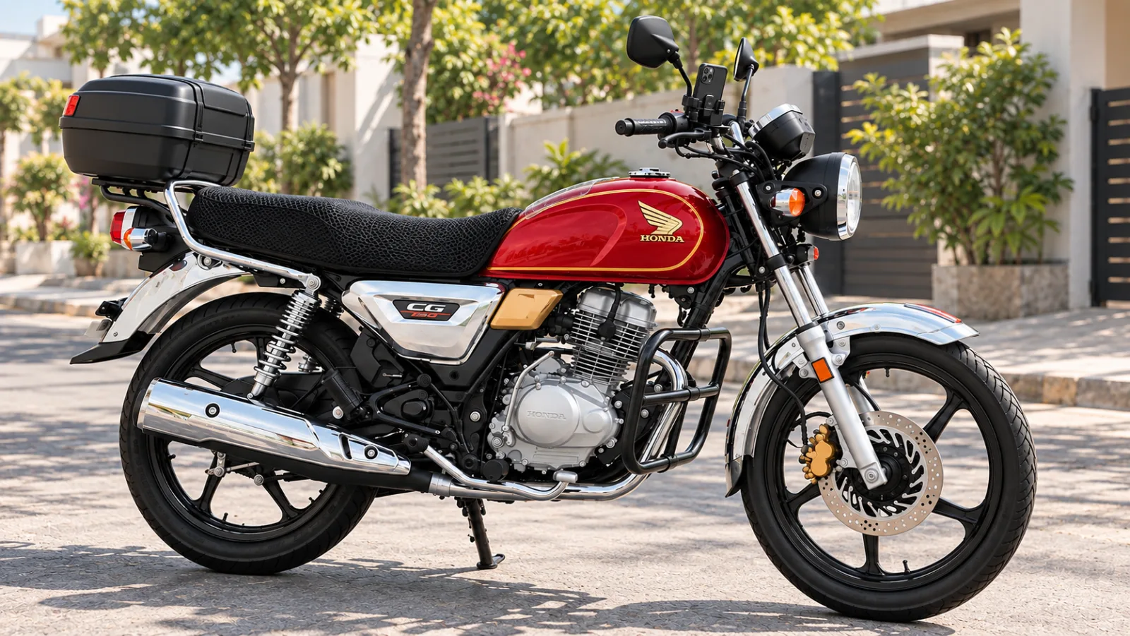 Honda CG 150 fitted with accessories: crash guard, tail box on a rear rack, tank pad, handlebar phone mount and seat cover, parked on a sunny street