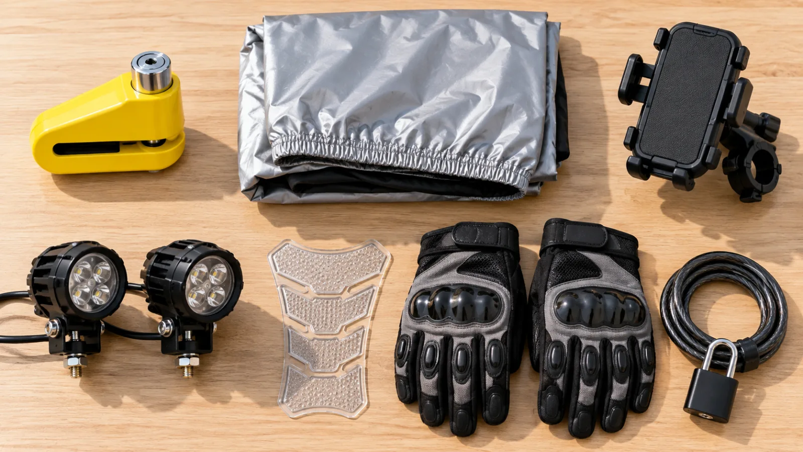 Honda CG 150 accessories kit flat-lay: disc lock, bike cover, phone mount, LED auxiliary lights, tank pad, riding gloves and a helmet lock cable