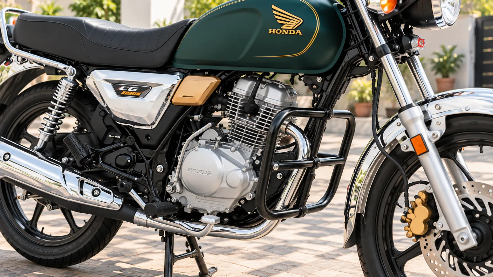 Black tubular crash guard bolted to the frame of a Honda CG 150, protecting the engine