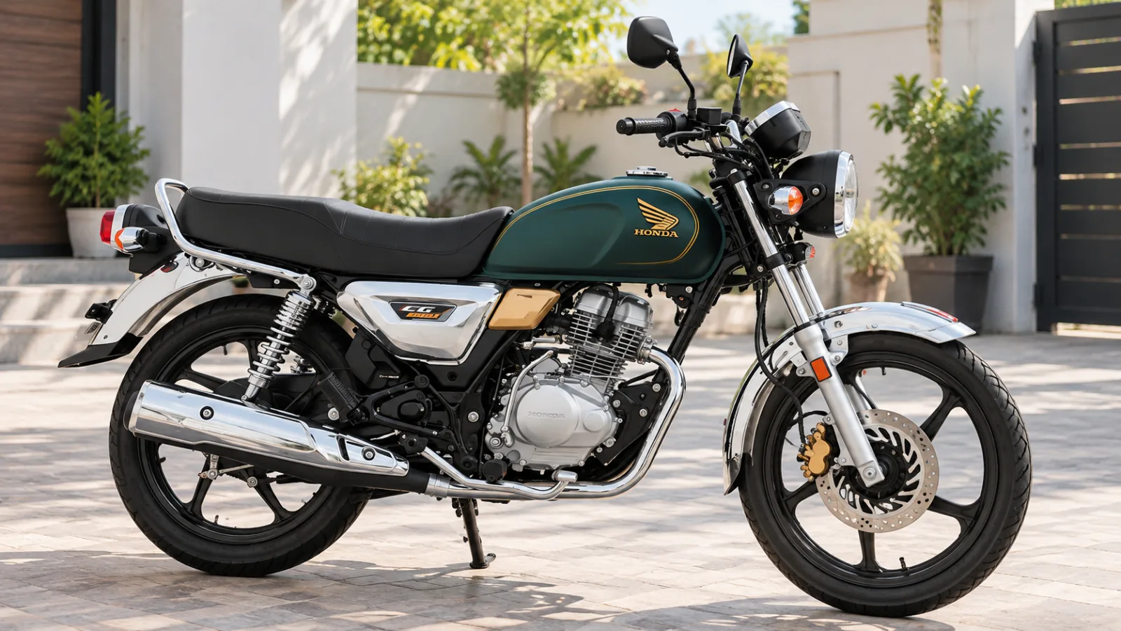 Green Honda CG 150 parked in a sunny courtyard, side view of the 150cc engine whose Honda CG 150 engine oil capacity is 1.0 litre of 10W-30