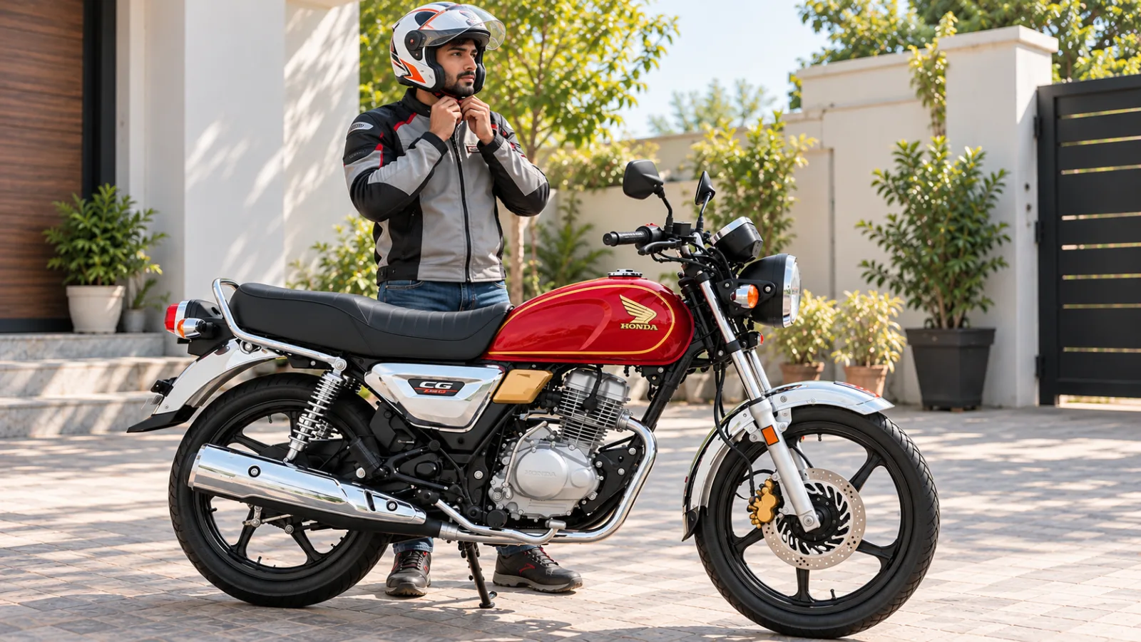 Rider fastening the chin strap of a full-face helmet beside a parked Honda CG 150, a helmet fit guide for CG 150 riders