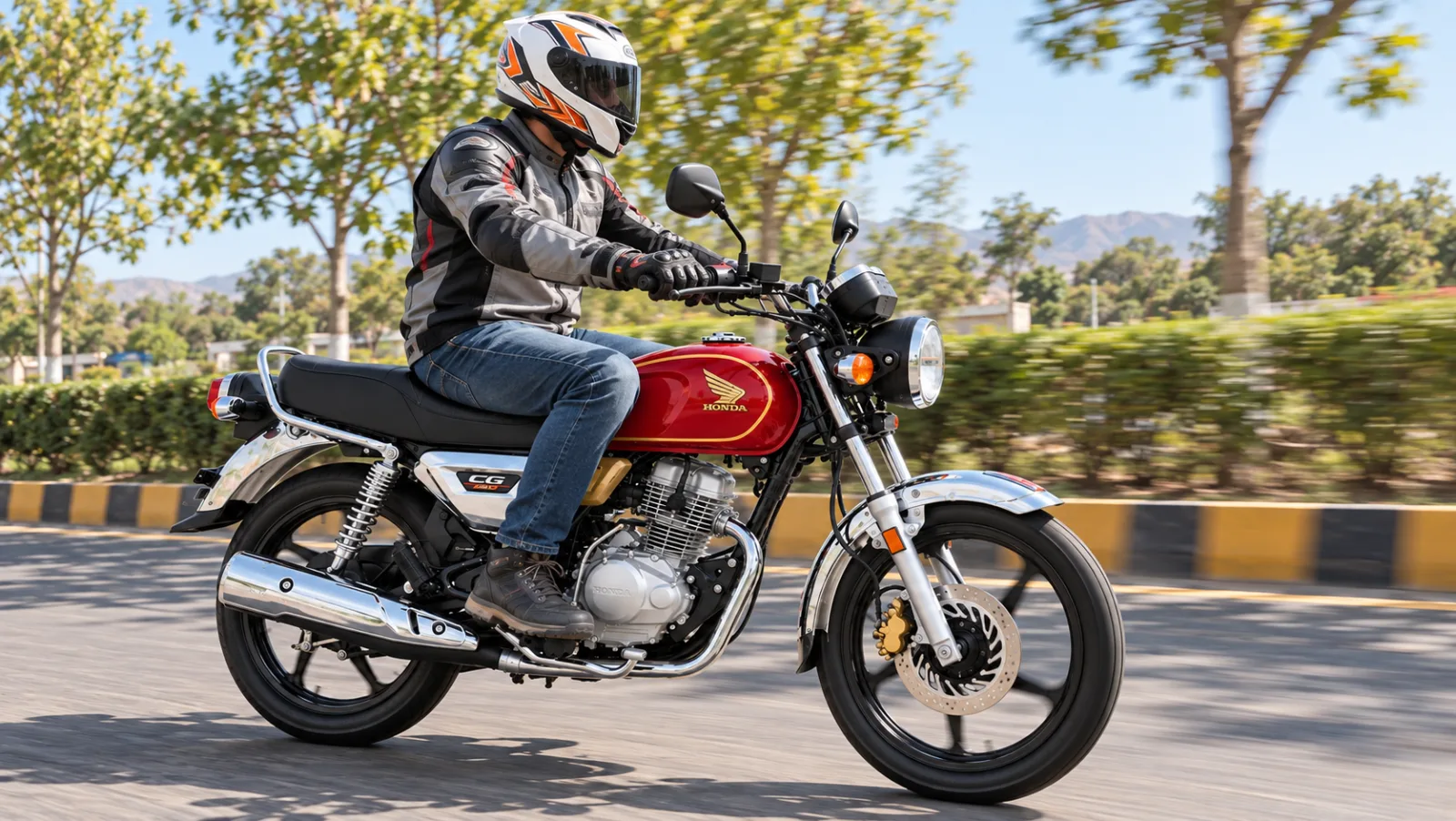 Rider in a full-face helmet, riding jacket and gloves on a red Honda CG 150 on a sunny Pakistani road, illustrating the best helmet for Honda CG 150 riders