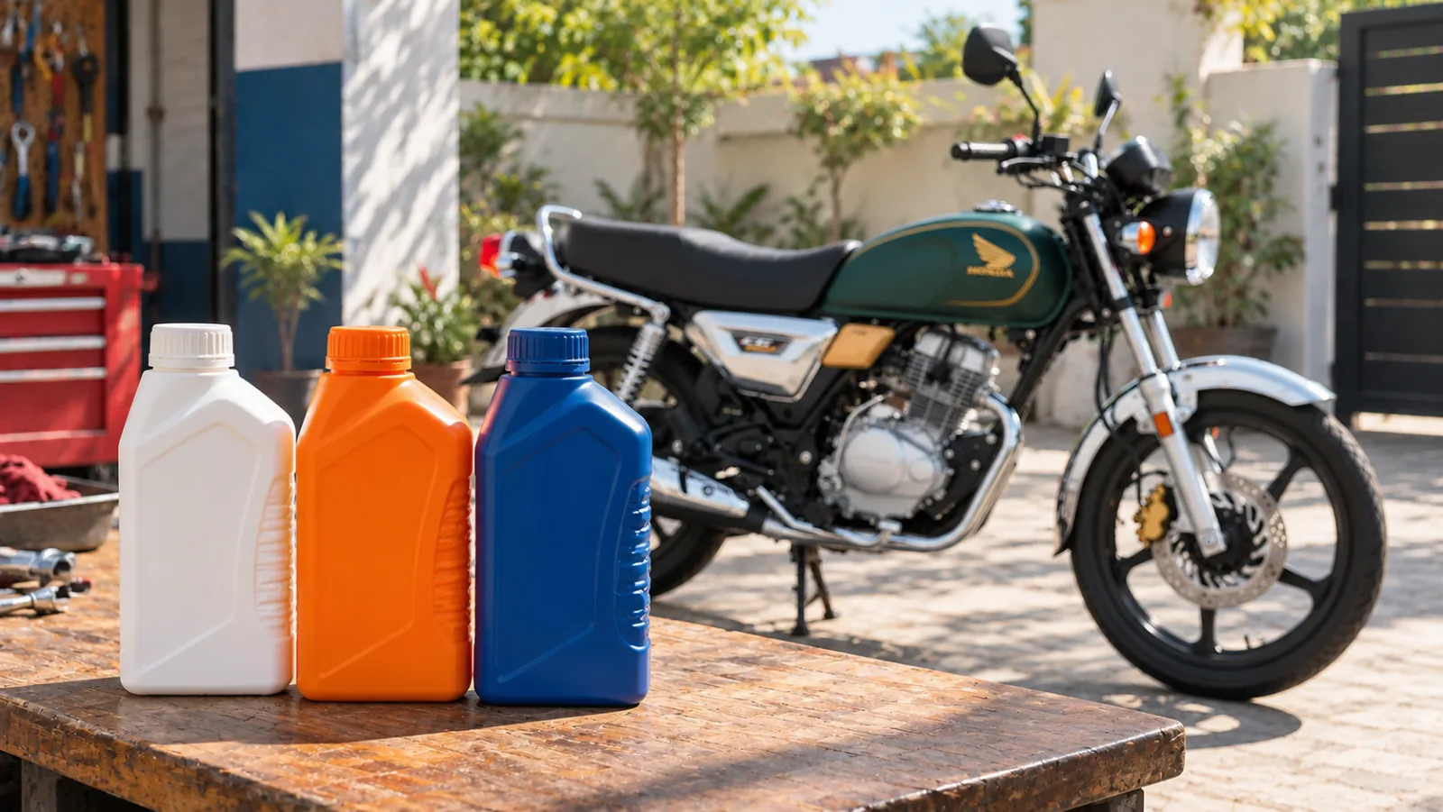 Three 1-litre motorcycle engine oil bottles on a workbench in front of a Honda CG 150, comparing engine oil options in Pakistan