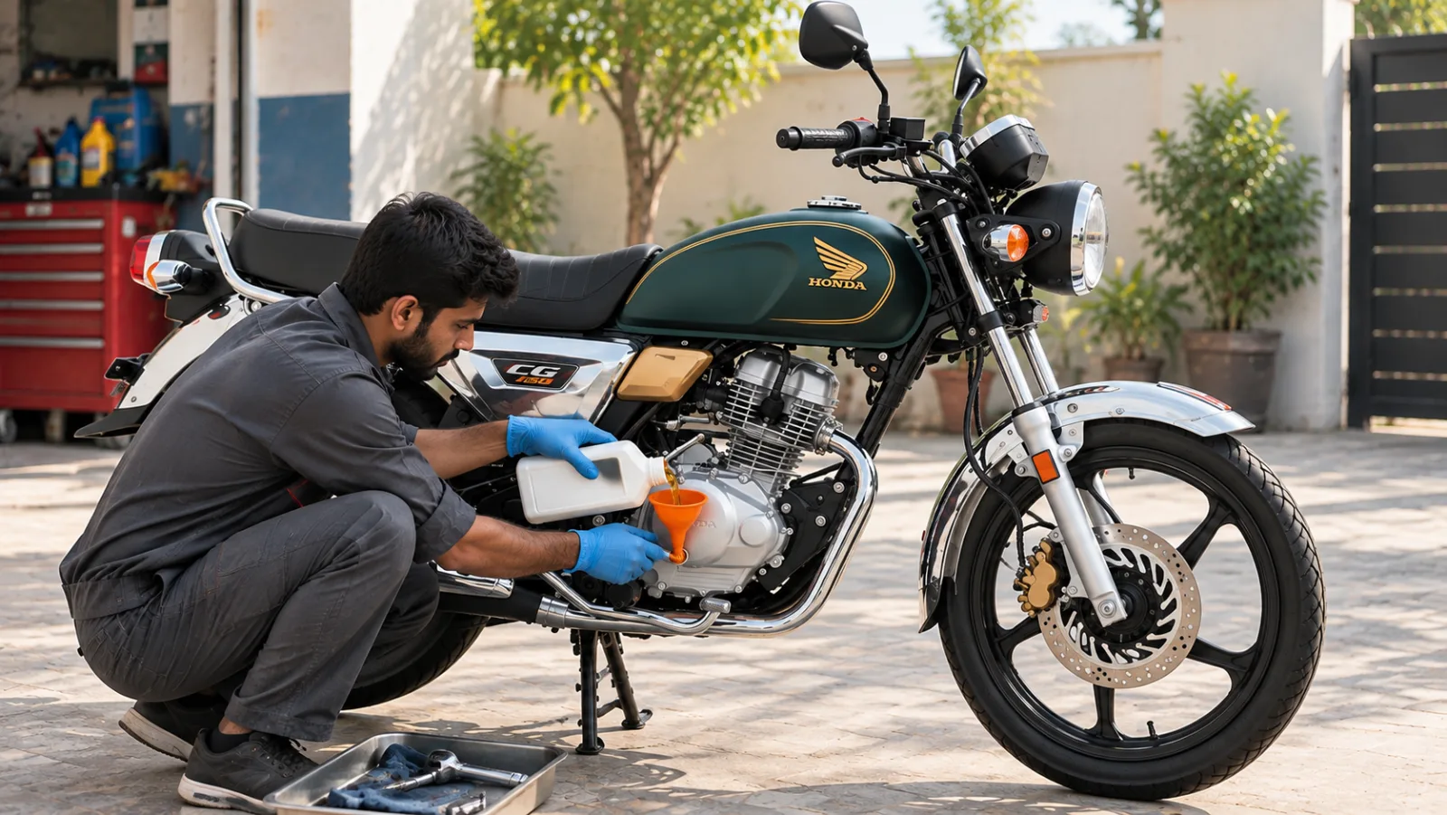 Mechanic pouring fresh Honda CG 150 engine oil through a funnel into a green CG 150 on its centre stand in a bright workshop courtyard