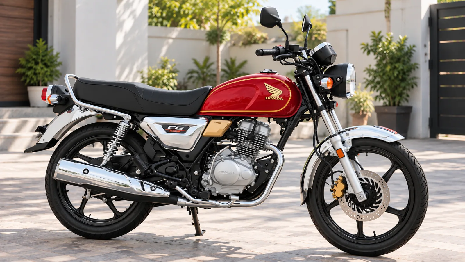 Stock red Honda CG 150 in a sunny courtyard, side view before adding any Honda CG 150 accessories
