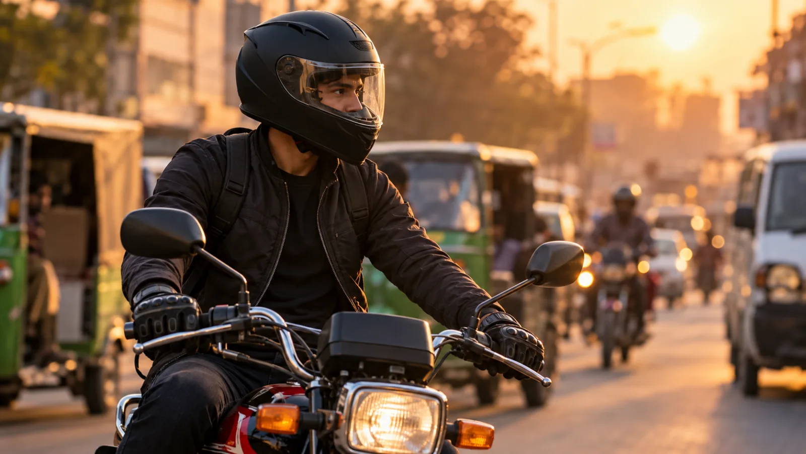 Rider wearing a full face helmet on a commuter motorcycle in a busy Pakistani city street at golden hour, illustrating helmet price in Pakistan 2026
