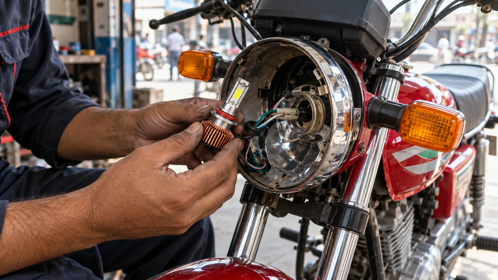 HJG M6 Plus LED headlight bulb with a finned copper base held next to the open headlight of a red Honda CG 125, illustrating the HJG light price in Pakistan for a plug-in bulb