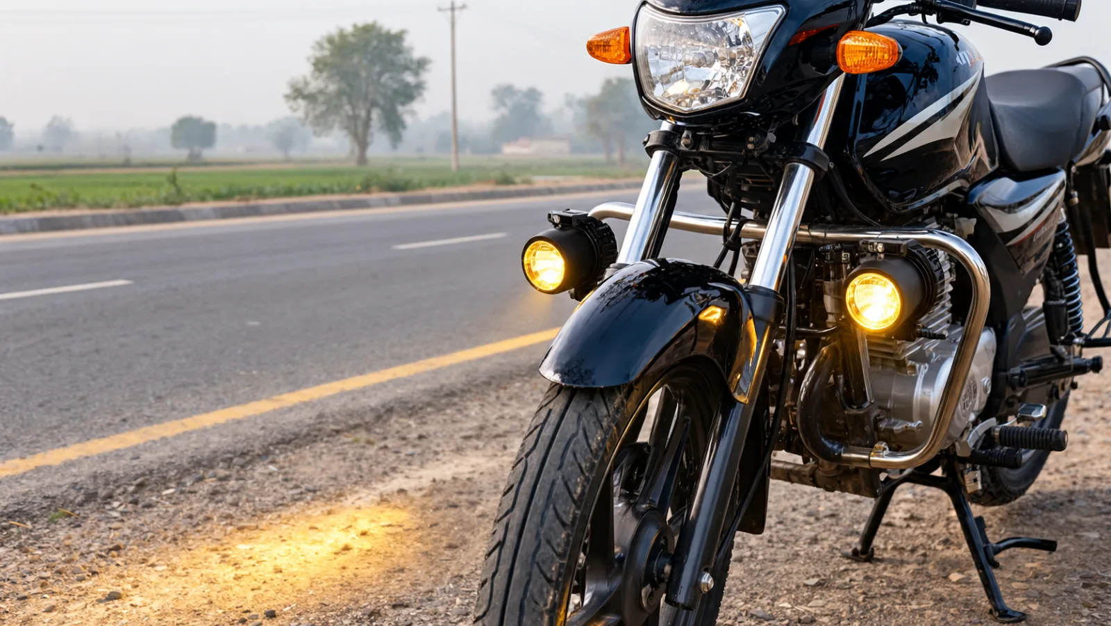Pair of small HJG fog lights mounted on the crash guard of a black 150cc motorcycle on a misty Punjab highway at dawn, illustrating HJG fog light price in Pakistan