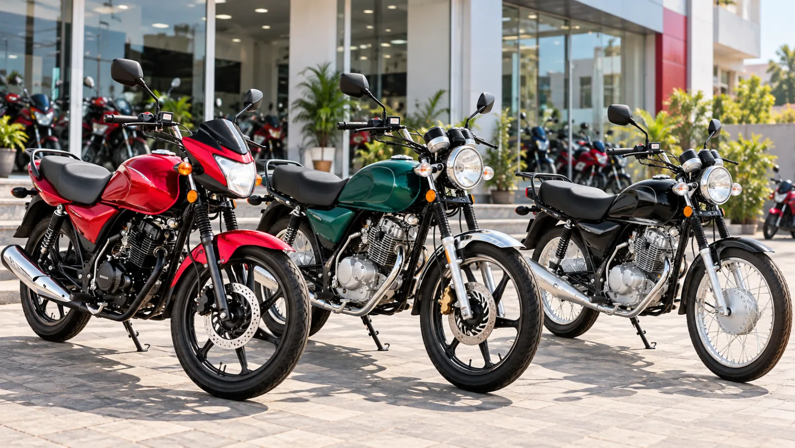 Three 150cc commuter motorcycles parked in a row outside a Pakistani dealership for a cb 150f vs cg 150 vs gs 150 comparison