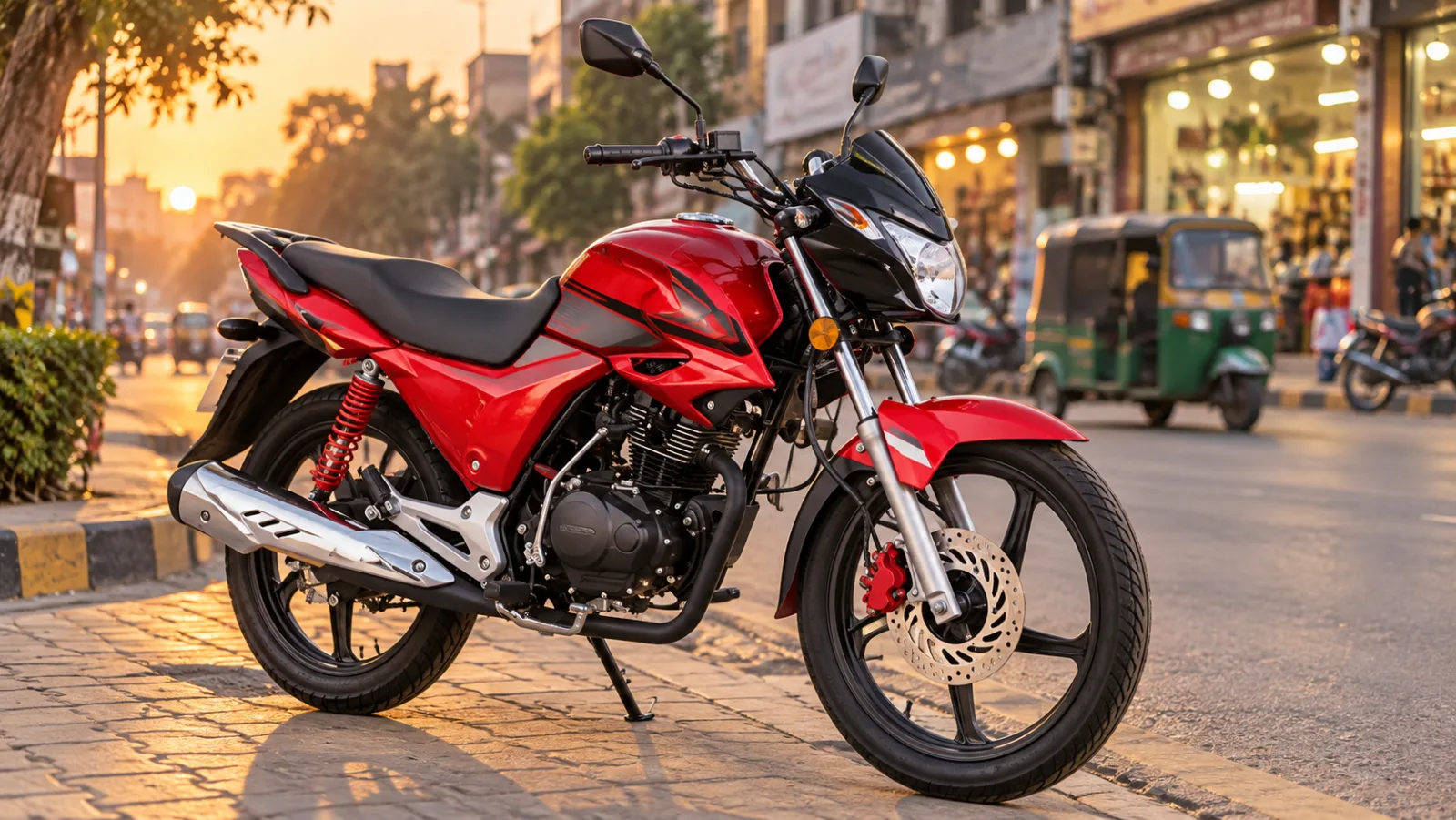 Red Honda CB 150F parked on a city street at dusk, illustrating Honda CB 150F price in Pakistan 2026