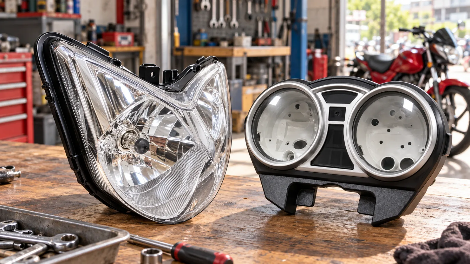 Aftermarket headlight assembly and two-pod speedometer meter case for a Honda CB150F laid out on a workshop bench, showing cb150f spare parts