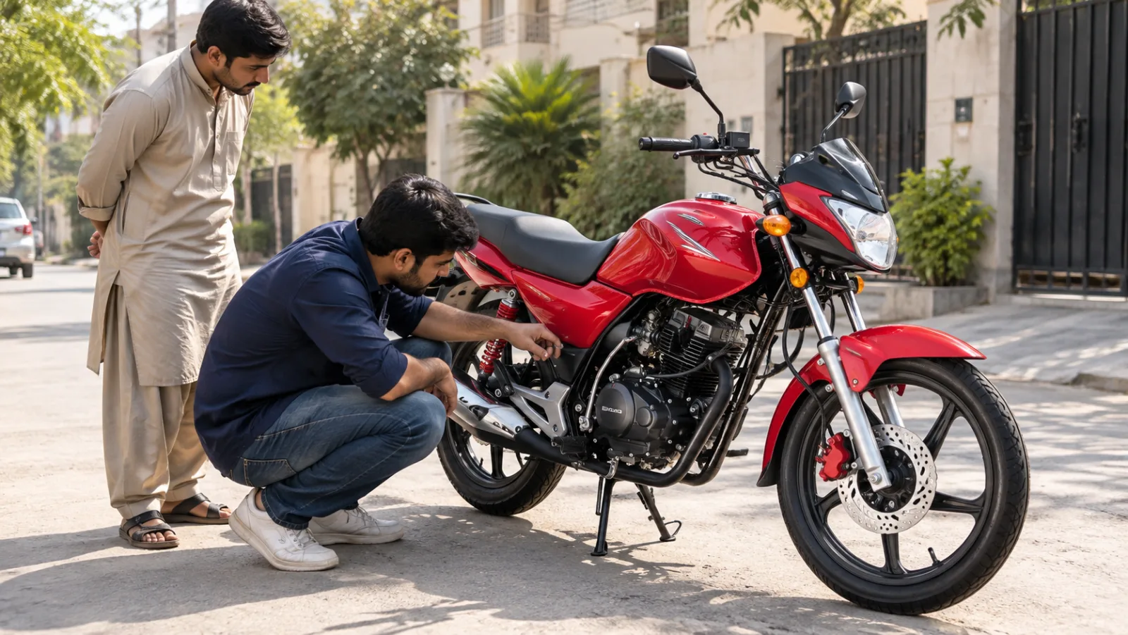 A buyer inspecting a used sporty red 150cc motorcycle's engine and chassis numbers in a Rawalpindi street, illustrating a used Honda CB 150F purchase check