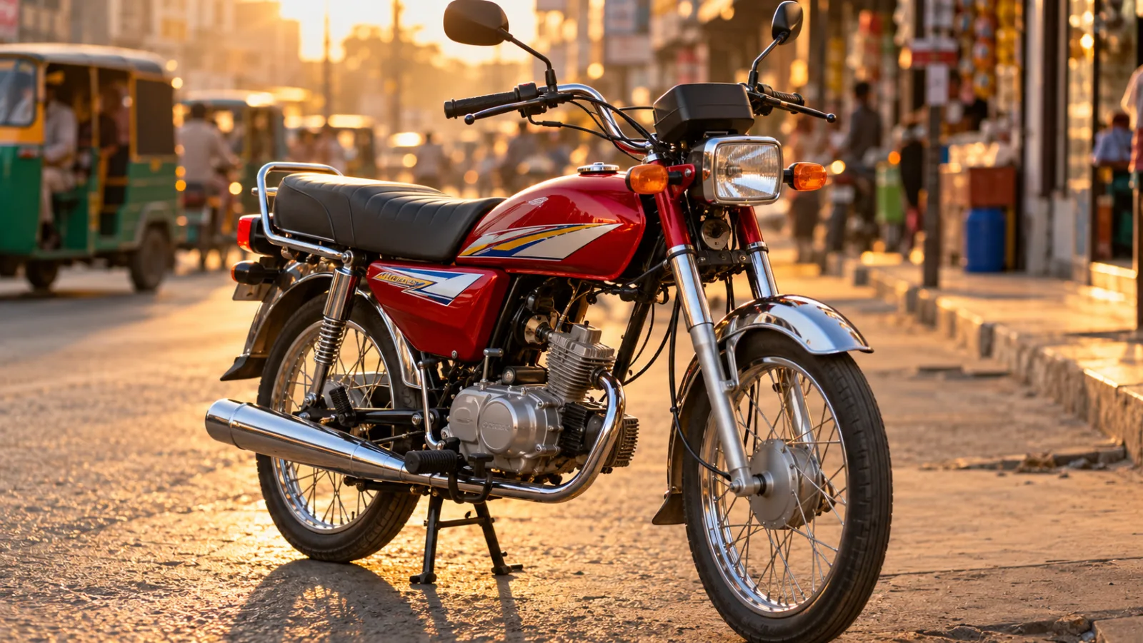 Red Honda CD 70 parked on a busy Pakistani city street at golden hour, illustrating the Honda CD 70 price in Pakistan 2026