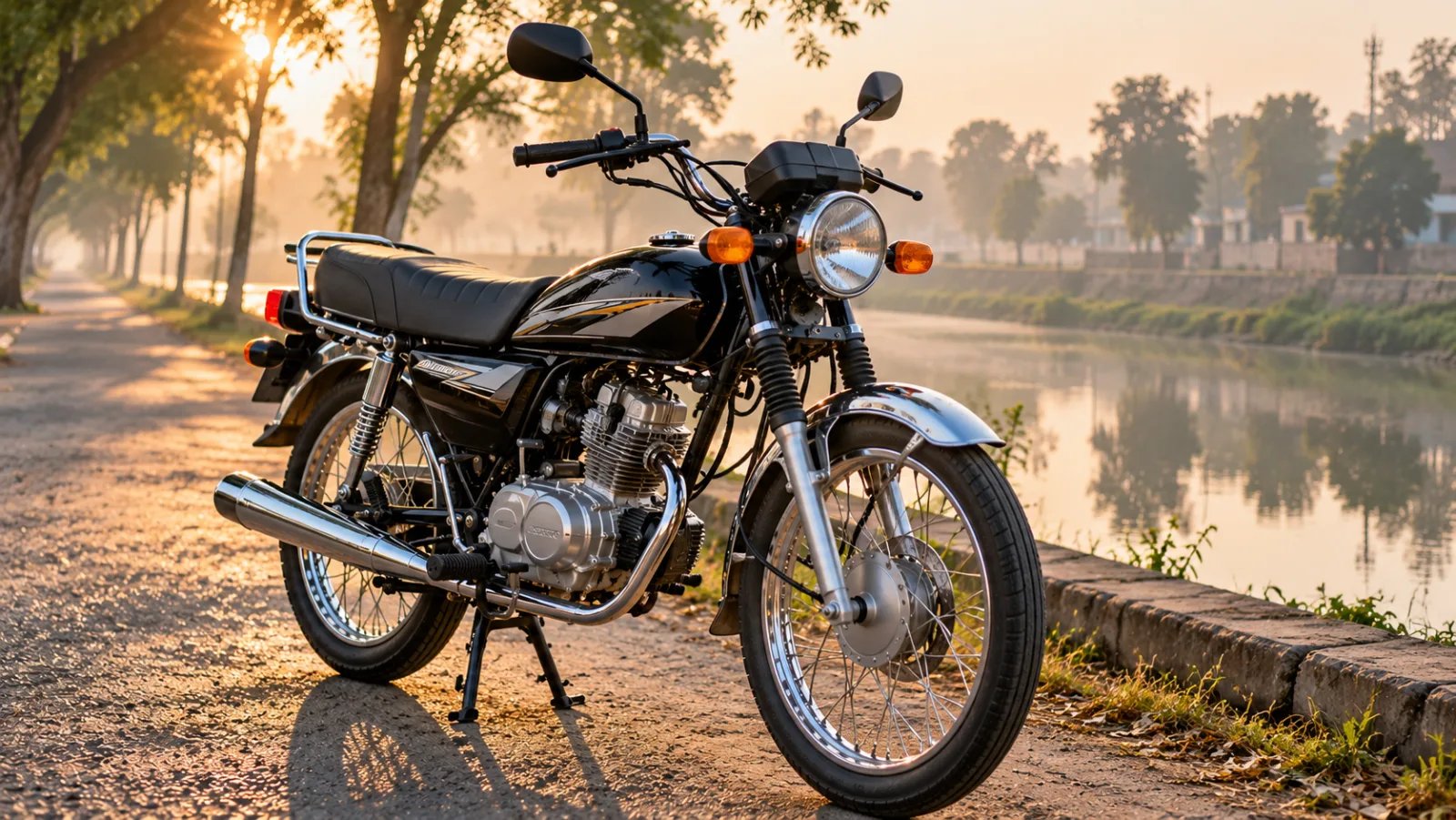 A black Honda CG 125 parked beside a tree-lined canal road in Pakistan in early morning light, illustrating the Honda CG 125 price in Pakistan 2026