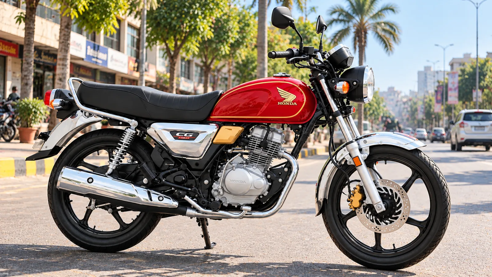 Honda CG 150 style 150cc commuter motorcycle parked on a Pakistani city street in natural morning light, illustrating Honda CG 150 price in Pakistan 2026