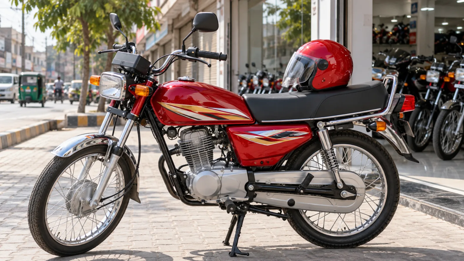 Red open face helmet resting on the seat of a red 125cc commuter motorcycle outside a dealership, illustrating Honda helmet price in Pakistan
