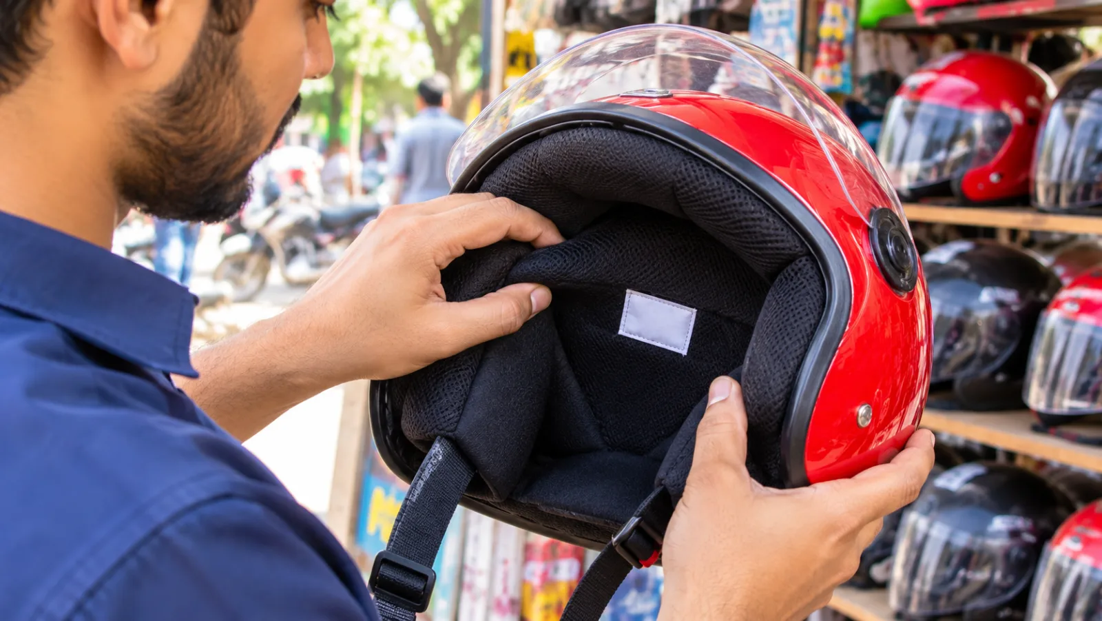 Rider checking the label inside a red open face helmet before buying, the step that matters most when comparing Honda helmet price in Pakistan