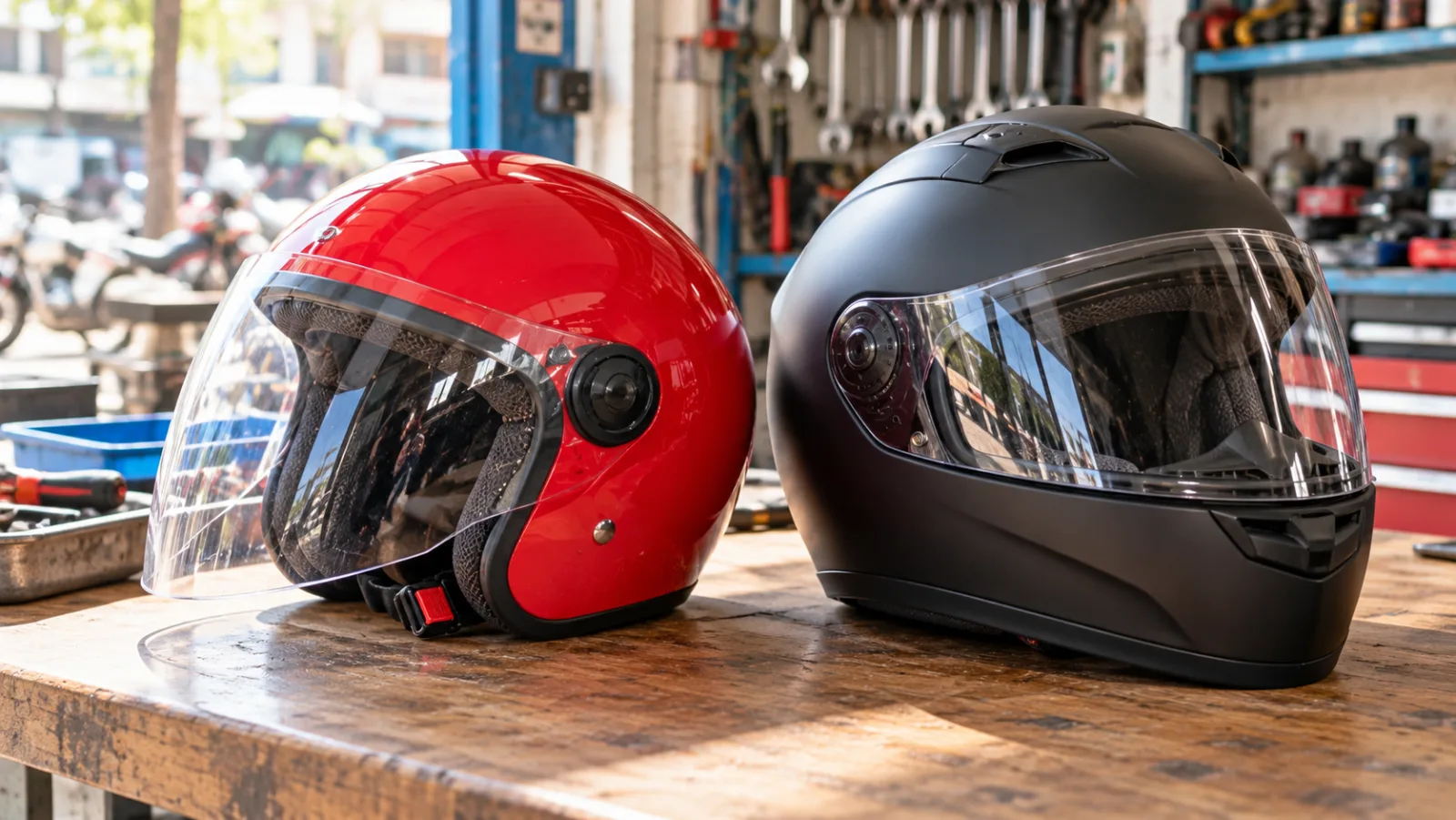 Open face helmet and full face helmet side by side on a workbench, comparing a Honda helmet price in Pakistan with aftermarket helmets