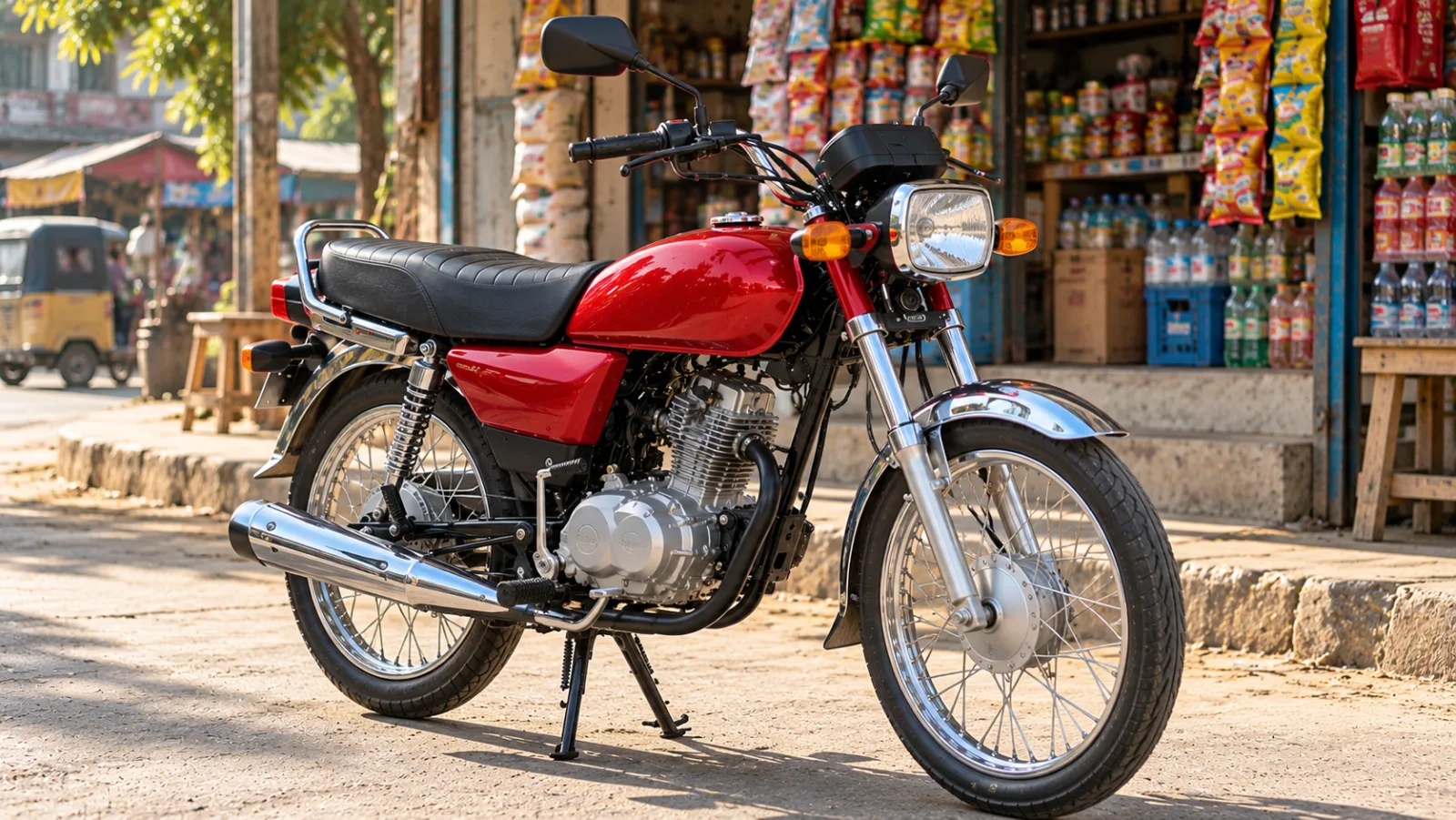 Red Honda Pridor 100cc parked outside a shop in afternoon light, illustrating Honda Pridor price in Pakistan 2026