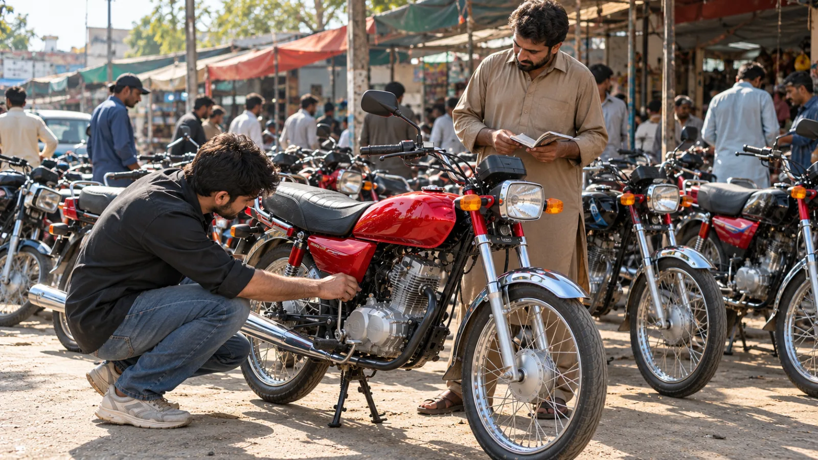 Buyer inspecting a used red Honda Pridor in a Pakistani bike bazaar while the seller holds the registration book, checking a used Honda Pridor price before paying