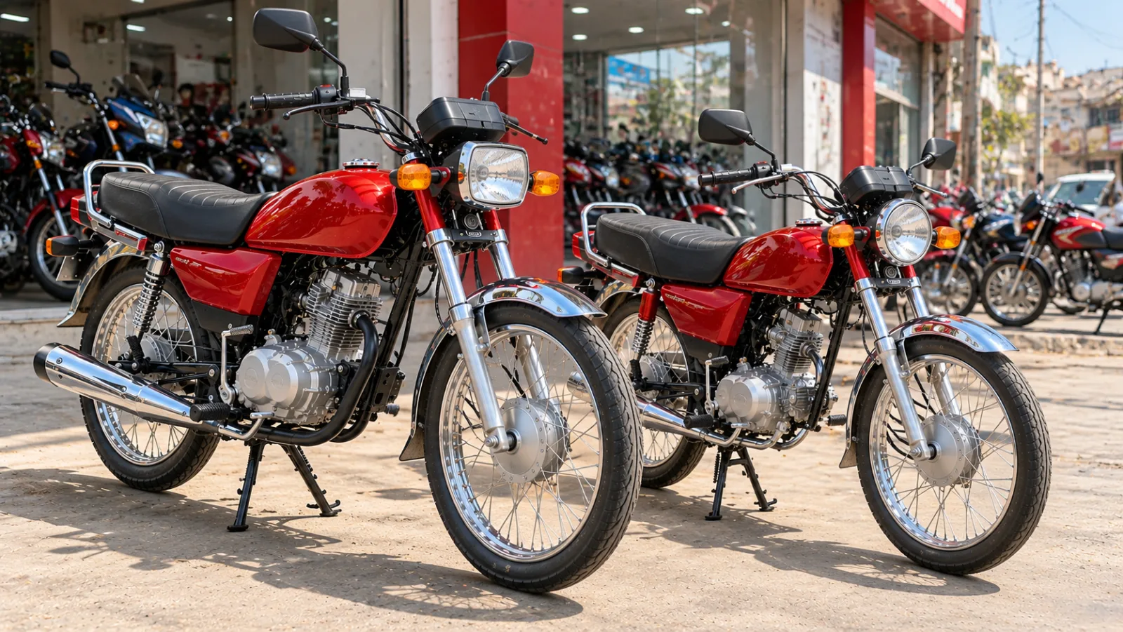 Red Honda Pridor with 18-inch spoke wheels beside a smaller red Honda CD 70 outside a Pakistani bike shop, comparing Pridor vs CD 70 for Honda Pridor price in Pakistan buyers