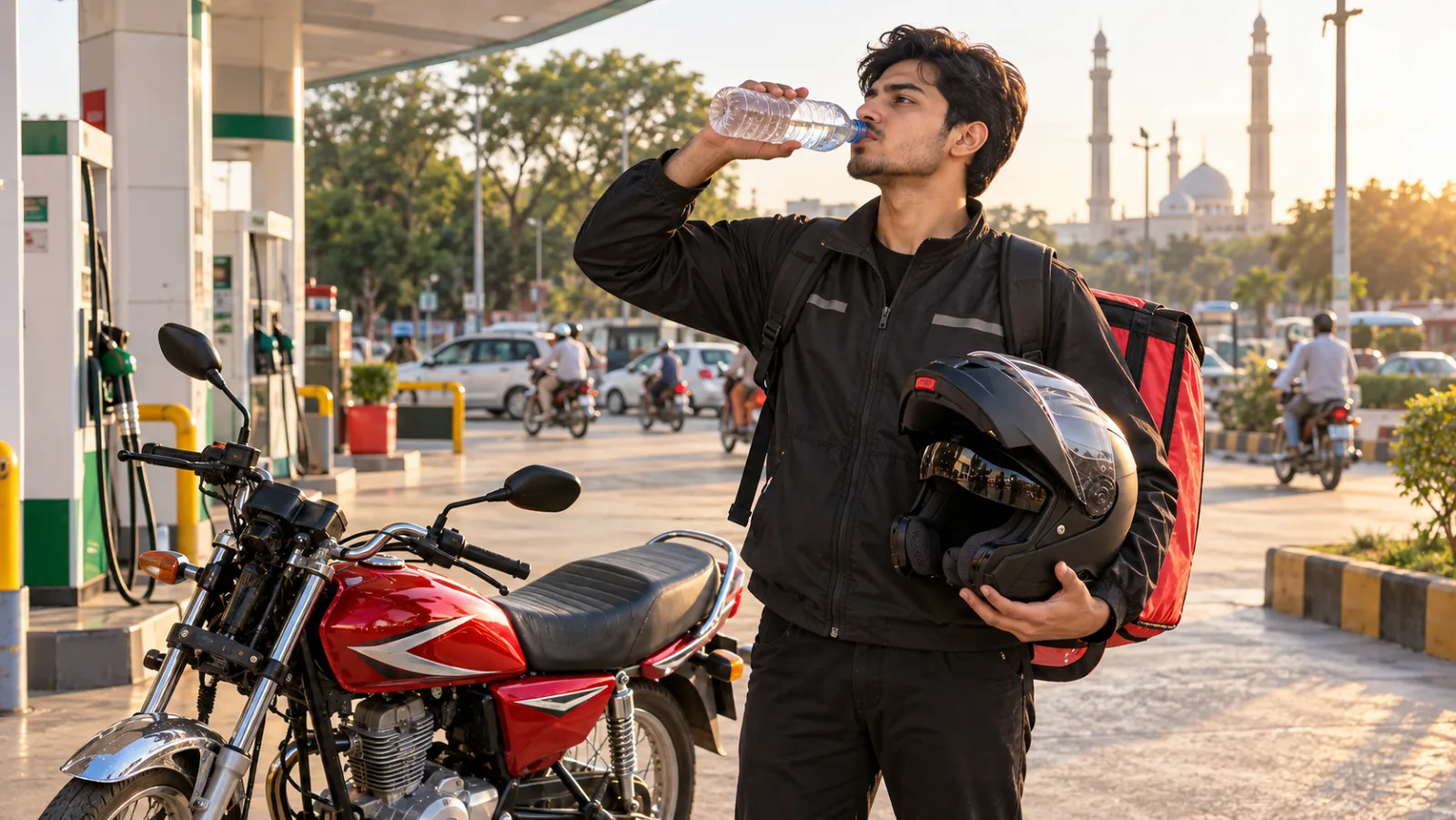 Jiekai JK-902 flip up helmet with the chin bar lifted and the smoked sun visor dropped, held by a rider at a fuel station in Pakistan