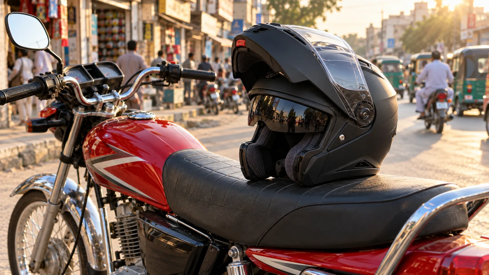 Jiekai JK-902 flip-up helmet with the chin bar raised on the seat of a commuter motorcycle in a Pakistani street, illustrating Jiekai helmet price in Pakistan